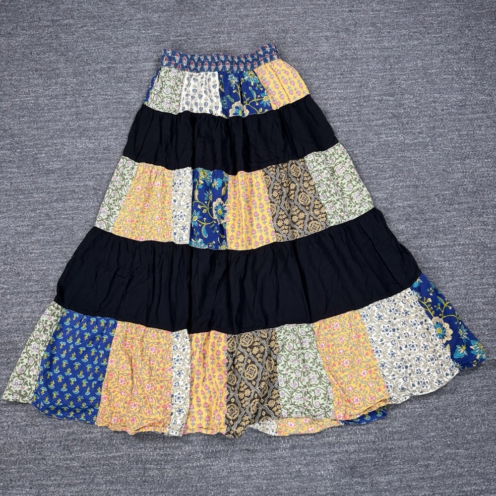 Young Threads Maxi Skirt Women Small Patchwork Floral Hippie Boho Pull On Retro